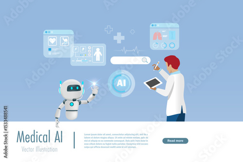Doctor searching and analyzing medical data with help from AI robot technology. Artificial intelligence innovation technology for medical solution in diagnosis, care and treatment.
