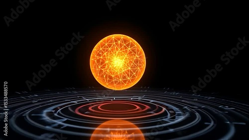 Ethereal sphere of interconnected energy hovering above reflective circles