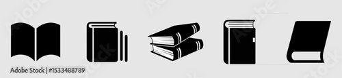 Monochrome book icon set: open, closed, and stacked designs for education or library