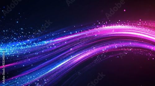 A cosmic-inspired abstract design with deep, dark space and glowing stars, light trails, and nebulae in vibrant shades of purple, pink, and blue