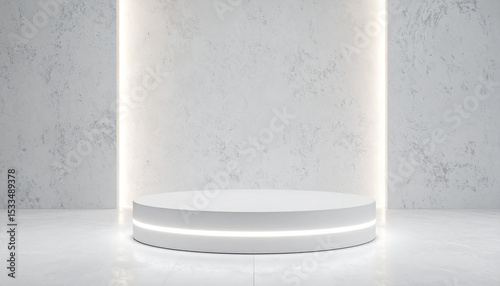 Exhibition space with cylinder pedestal on the wall with bright stone texture and lighting for the product.