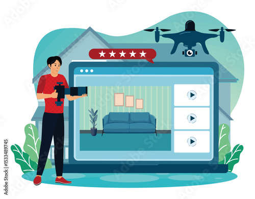 Real estate video tour concept with Drone and Professional Equipment.