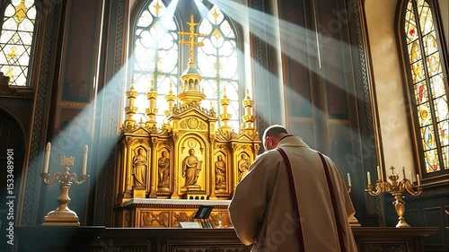 Spiritual devotion priest praying in a church illuminated by heavenly light