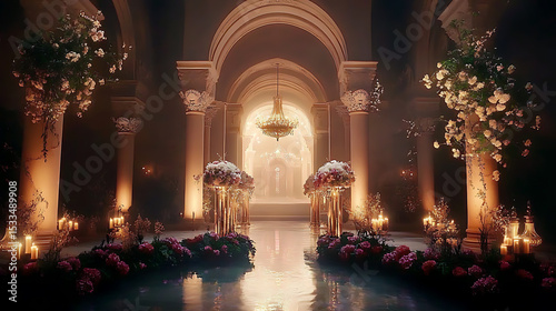 Luxurious wedding scenes in elegant natural and architectural settings, surrounded by florals, candlelight, and evolving romantic atmospheres.