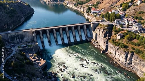 Scenic Hydroelectric Dam with Cascading Water and Hillside Residences