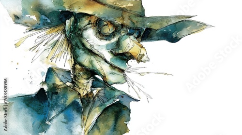 A haunting scarecrow emerges from the brush its gaze both watchful and weary in a watercolor painting with cool blues