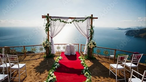 Scenic oceanfront wedding ceremony setup with floral decorations and red carpet