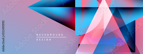 Abstract geometric shapes overlap, creating vibrant color gradients. Purple background complements pink, blue hues. Modern design element.