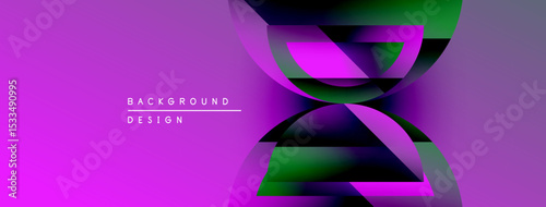 Abstract vibrant design. Purple, green hues blend. Geometric shapes overlap creating dynamic visual effect. Modern background texture.