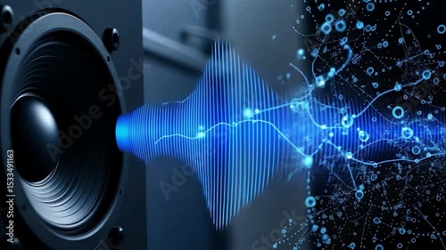 Speaker emitting visualized audio waves representing sound intensity
