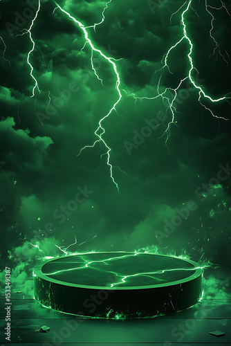 A mystical green platform surrounded by stormy clouds and lightning, evoking a magical atmosphere