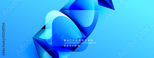 Abstract blue shapes overlap, creating dynamic composition. Gradient hues suggest depth, modern design aesthetic. Minimal text present.