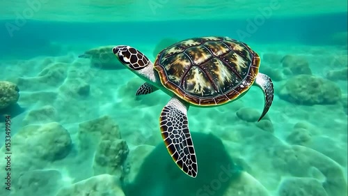 Graceful sea turtle swimming in crystal clear turquoise ocean water