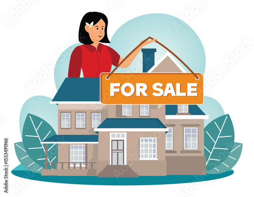  House for sale concept. House on Sale with a Female Realtor.