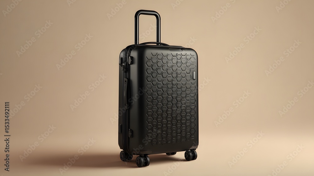 Naklejka premium Sleek, Hyper-Realistic Black Hard-Shell Suitcase with Hexagonal Pattern Standing Against a Neutral Background