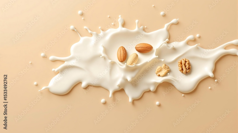 Obraz premium Almonds and walnuts falling into a splash of milk on a light brown surface creating a food still life