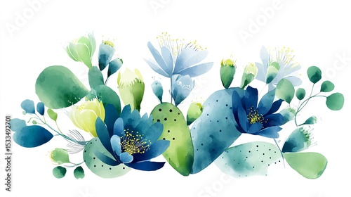 A whimsical watercolor painting of flowering cacti bringing desert blooms to life with soft soothing blues greens and