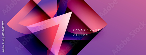 Abstract geometric shapes, vibrant purple hues, modern design. Gradient colors create dynamic visual effect. Background features sharp angles.