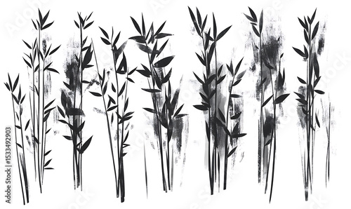 Highly detailed illustrations of various trees, leaves, grasses, and botanical elements, featuring realistic, minimalist, and abstract compositions on a white background.