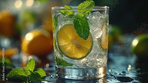 Close-up of a mojito with crushed ice, fresh lime, and mint, backlit to create strong contrast and shadows