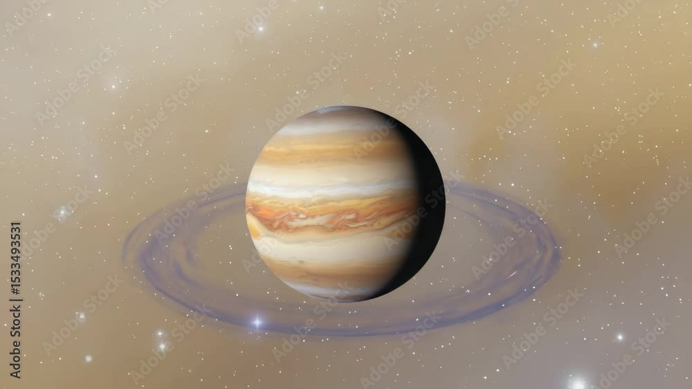 Planet Jupiter spinning in space with surrounding rings and stars  