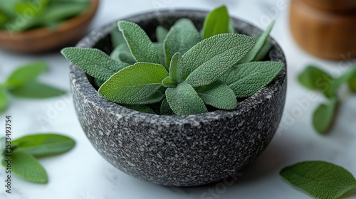 Fresh green sage leaves inside a granite mortar and pestle, clean and elegant white background
