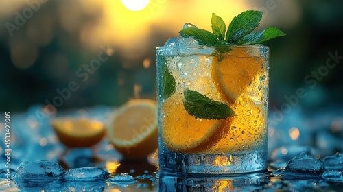 Cool and crisp mojito cocktail, frozen ice detail enhanced by the interplay of bright light and dark shadow