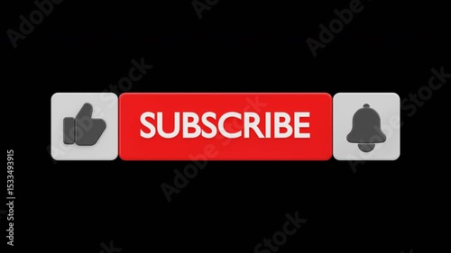 3D Like Subscribe and Notification Bell Button Bar, 4K Animation, Alpha Channel