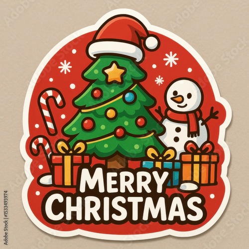 Cute festive sticker with a decorated Christmas tree, gifts, candy canes, a snowman wearing a Santa hat, and 
