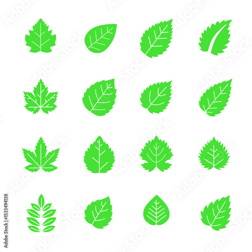 Flat style green leaf icons in solid color. Clean and modern vector set for eco-friendly projects and nature graphics