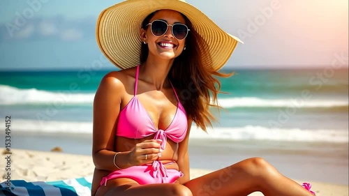 Sun-Kissed Serenity, A carefree smile under a wide-brimmed hat on the coast