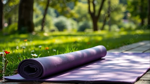 Yoga mat unrolled on wooden platform amidst vibrant natural setting
