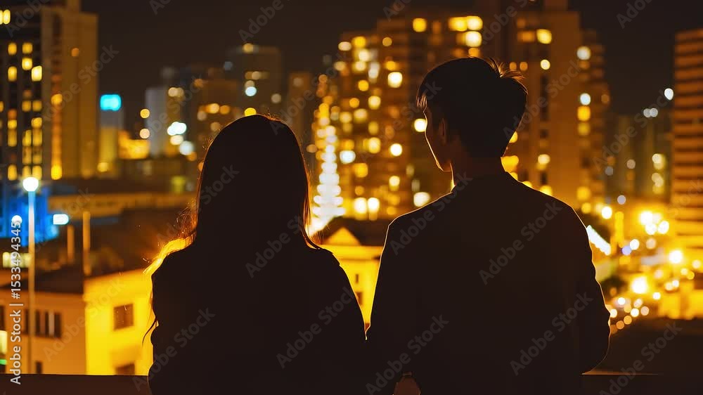 Romantic Moment for Couple on Balcony at Night City