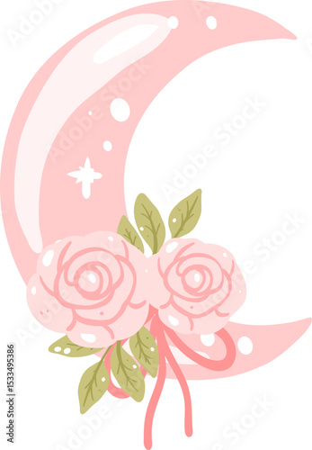 Crescent Moon with Pink Roses Illustration

