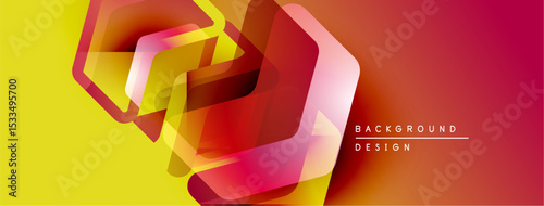 Abstract geometric shapes overlap, creating vibrant color gradient. Yellow transitions to red, modern design element.