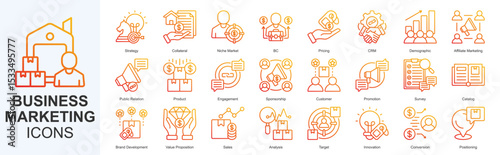 Business Marketing icon set vecvtor Outline Gradient Style strategy, collateral, niche market, b2c, pricing, crm, demographic, affiliate marketing, public relation, product, engagement, sponsorship