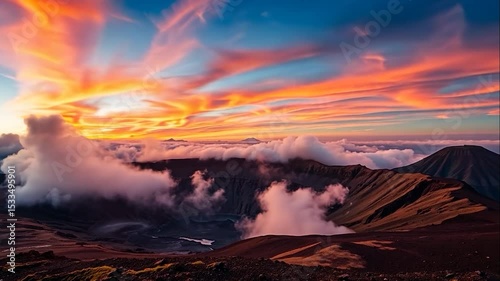 Fiery dawn illuminates volcanic peaks and ethereal cloudscapes above crater