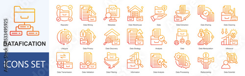 Datafication icon set vector Outline Gradient Style repositor, data mining, metadata, data warehouse, data, data extraction, data sharing, data cleaning, lifecycle, data privacy, data discovery