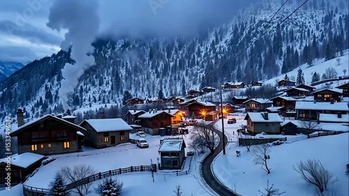 Tranquil evening descends upon a snow-covered alpine village landscape