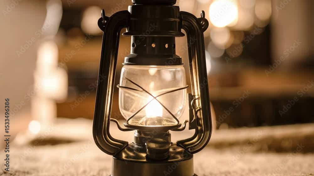 Close-up of a vintage dark metal oil lantern with glass globe emitting soft warm light sitting indoors on a rustic textured surface.