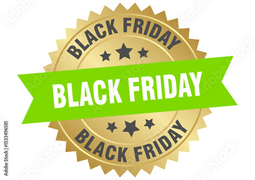black friday. black friday round green and gold label isolated on transparent background