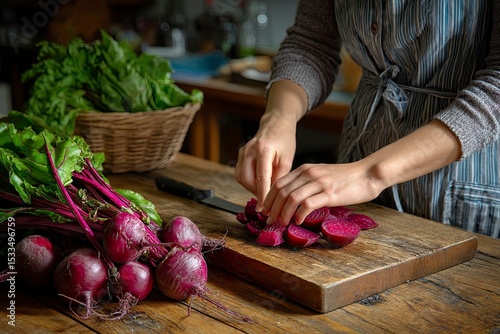 close up of woman's hands preparing fresh beets for cooking
