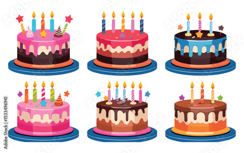 Vector Birthday Cake Icons with Dripping Frosting and Candles