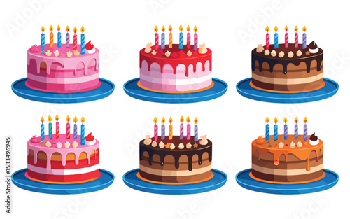 Vector Birthday Cake Icons with Dripping Frosting and Candles