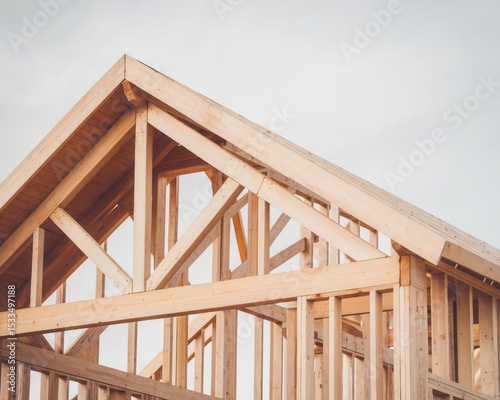 Exposed Wooden Framework for New Home Construction Against Light Sky