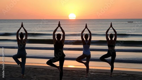 Synchronized serenity, women practicing tree pose during tranquil sunrise