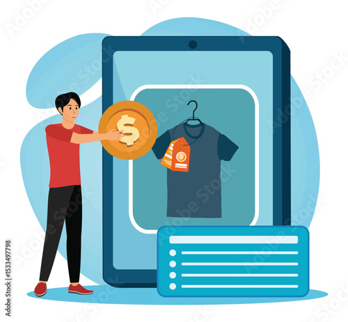 Online flea market concept. Man Engage in E-Commerce with Digital Payments.