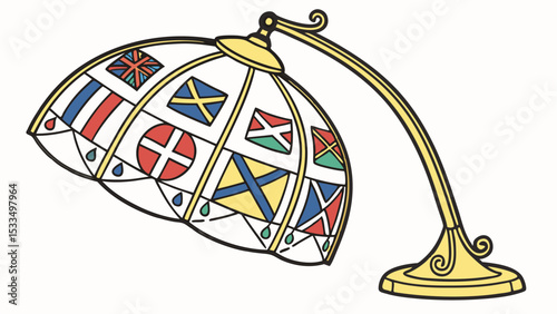 Illustration of a desk lamp with a shade decorated with various international flags and teardrop shapes