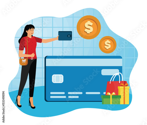  Plastic money concept. Woman Using a Wallet for Payment With Credit Card.
