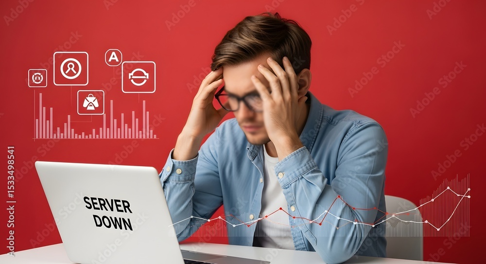 Fototapeta premium Man with hands on head looking at laptop with server down message on red background